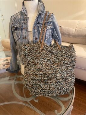 Straw  Beach Tote Multicolor Woven with Tan Handles
